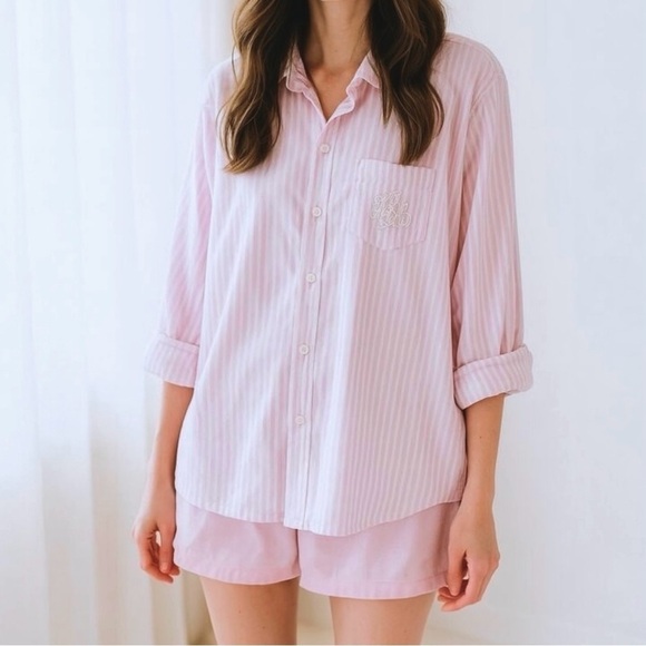Lauren Ralph Lauren Striped Button Down Lounge PJ Shirt Pink White Size XL - Picture 1 of 5